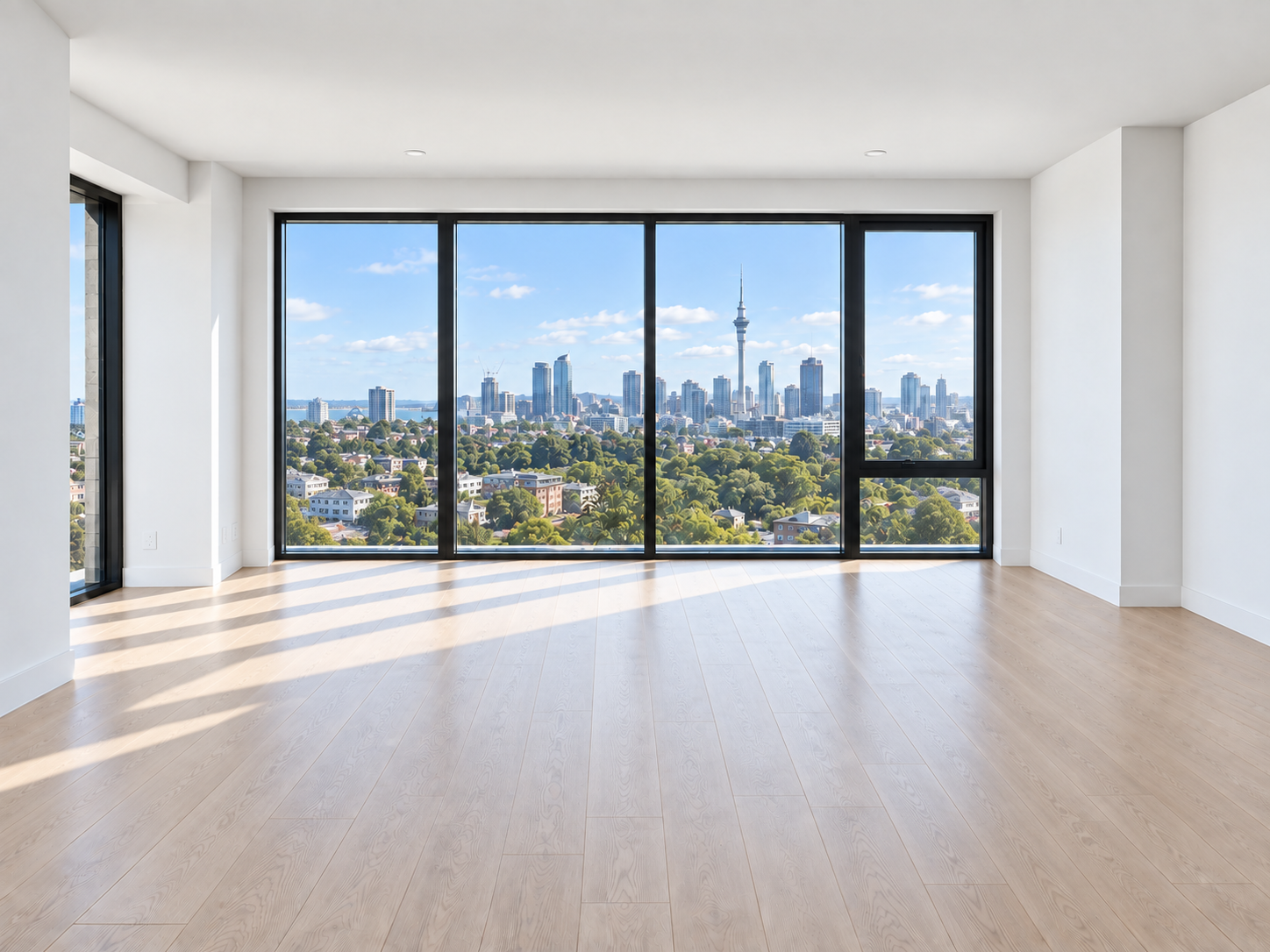 Empty sunlit living room with pale timber floors and an Auckland city view