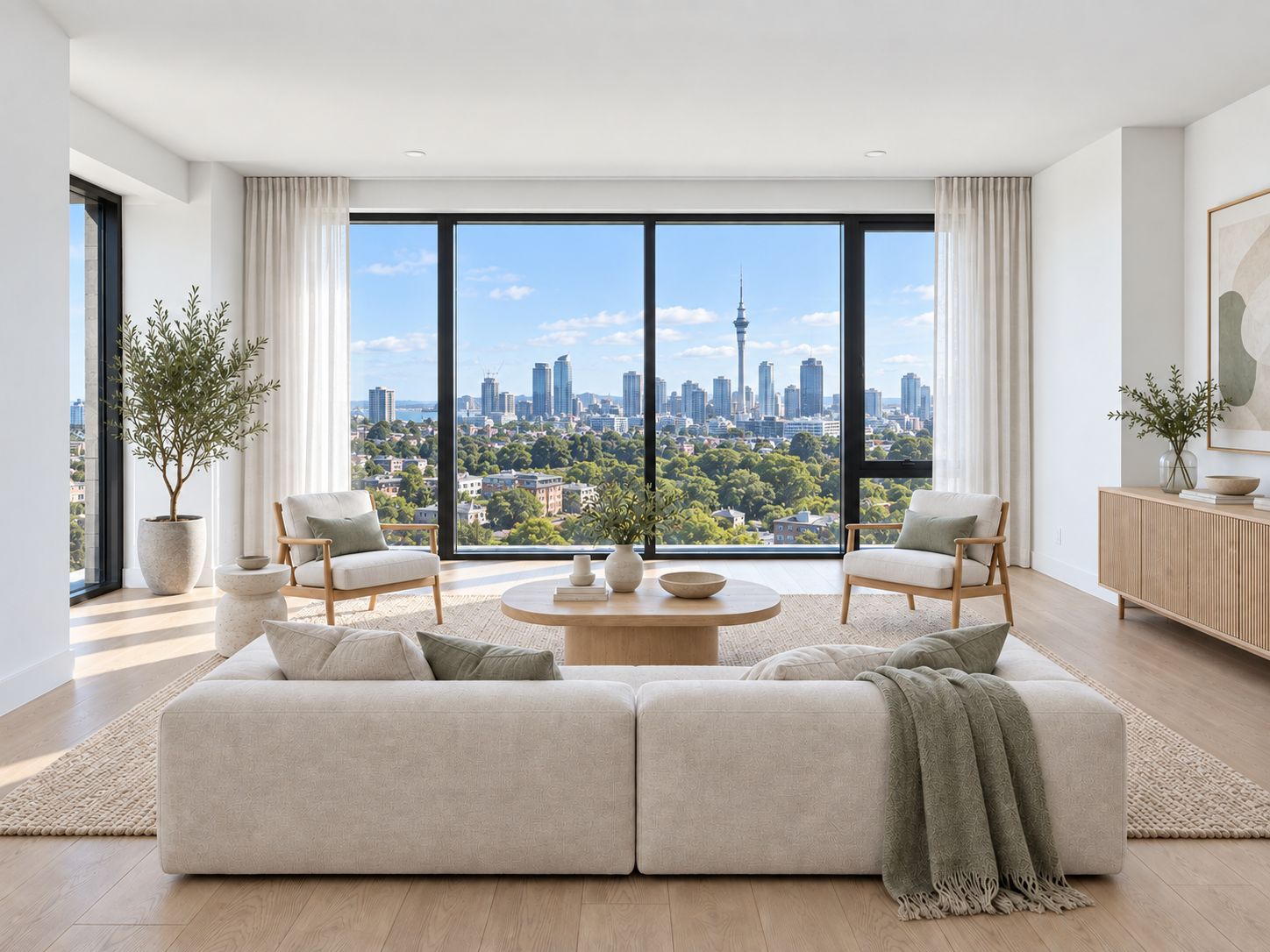 The same living room virtually staged with a neutral sofa, armchairs, rug and coffee table
